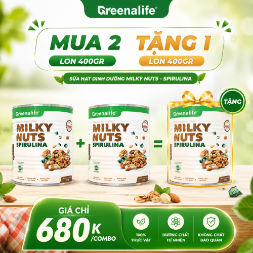Sữa Hạt Dinh Dưỡng Milky Nuts - Spirulina Lon 400gr -Greenalife ( Combo mua 2 lon 400gr tặng 1 lon 400gr)