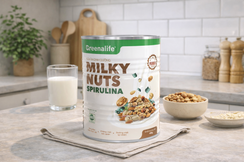 Sữa hạt dinh dưỡng Milky Nuts - Spirulina lon 400gram - Greenalife