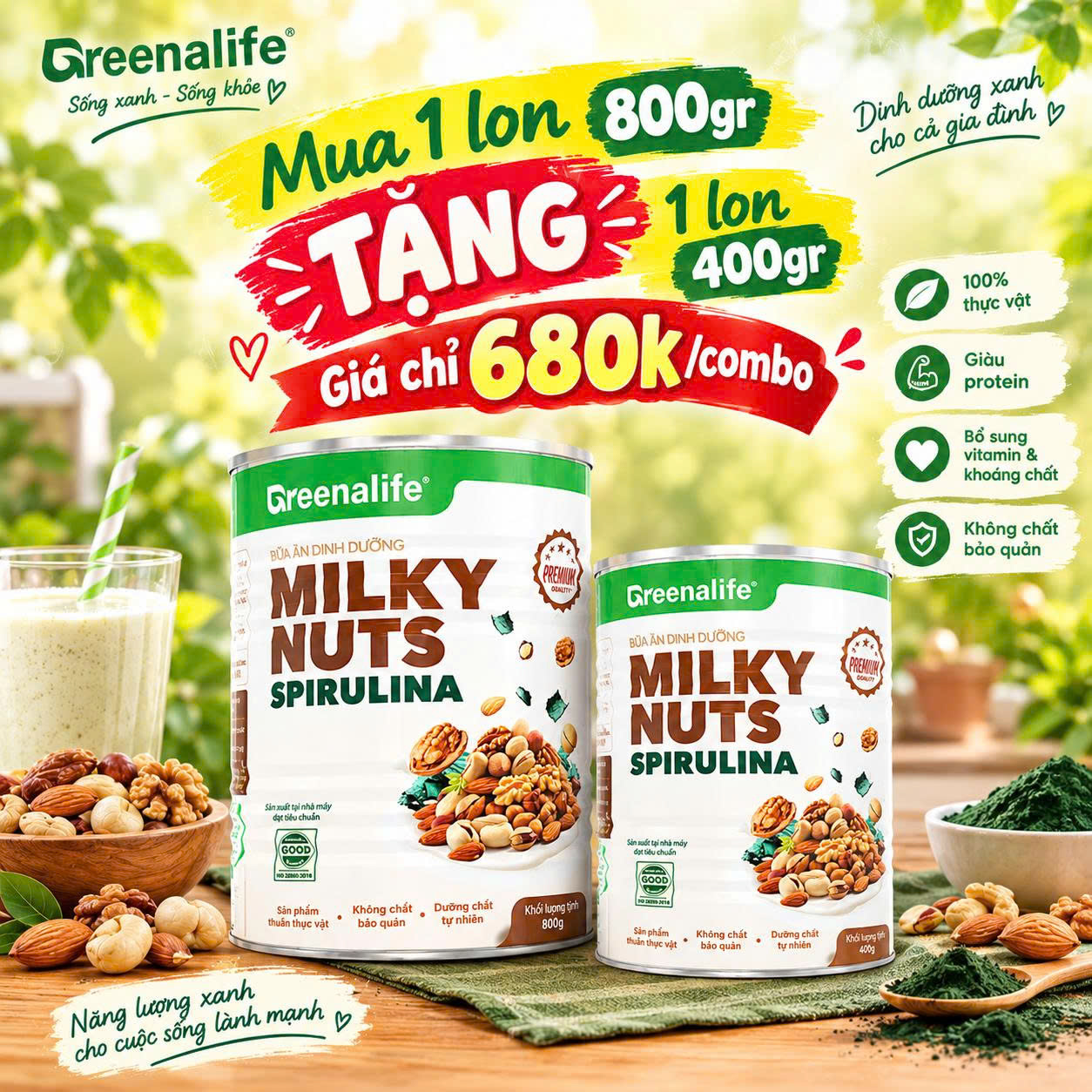 Sữa Hạt Dinh Dưỡng Milky Nuts - Spirulina Lon 800gr -Greenalife (Mua 1 Lon 800gr Tặng 1 Lon 400gr)