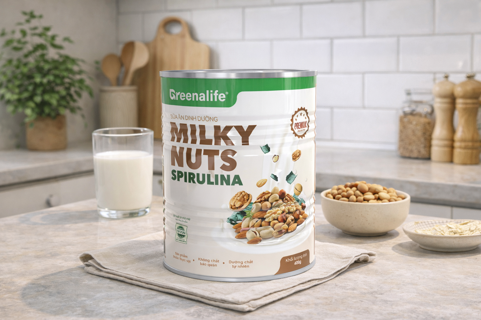 Sữa hạt dinh dưỡng Milky Nuts - Spirulina lon 400gram - Greenalife