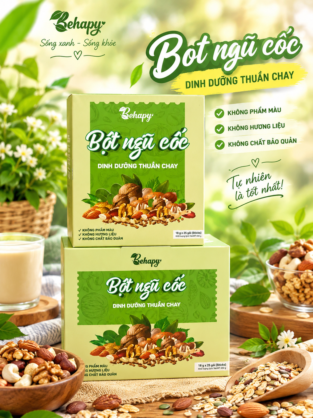 Bột ngũ cốc dinh dưỡng thuần chay có đường Behapy hộp 450gr ( 25 gói 18gr)