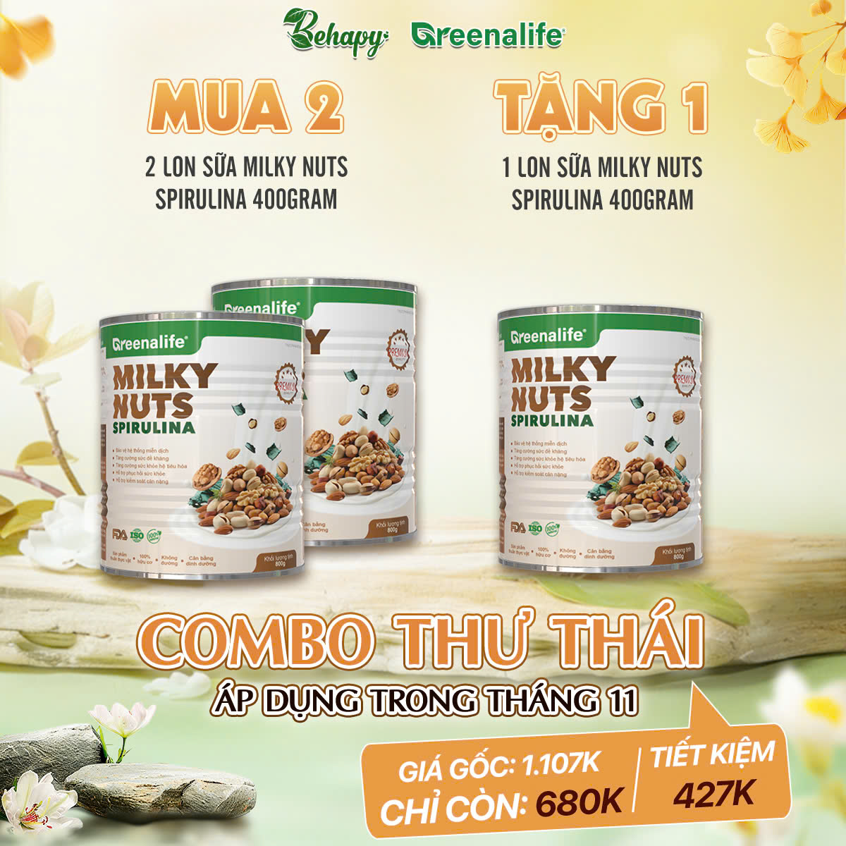 Combo Thư Thái - Mua 2 Milky Nuts Spirulina (Lon 400 gram) tặng 1 Milky Nuts Spirulina (Lon 400 gram)