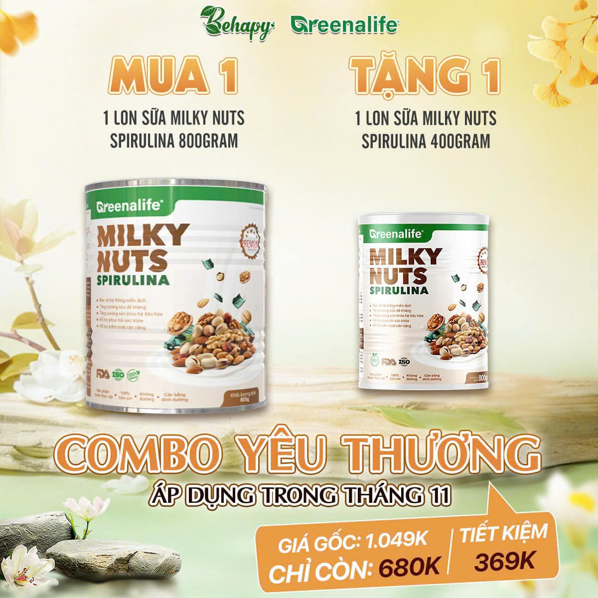 Combo Yêu Thương -Mua 1 Milky Nuts Spirulina (Lon 800 gram) Tặng Milky Nuts Spirulina (Lon 400 gram) 369k