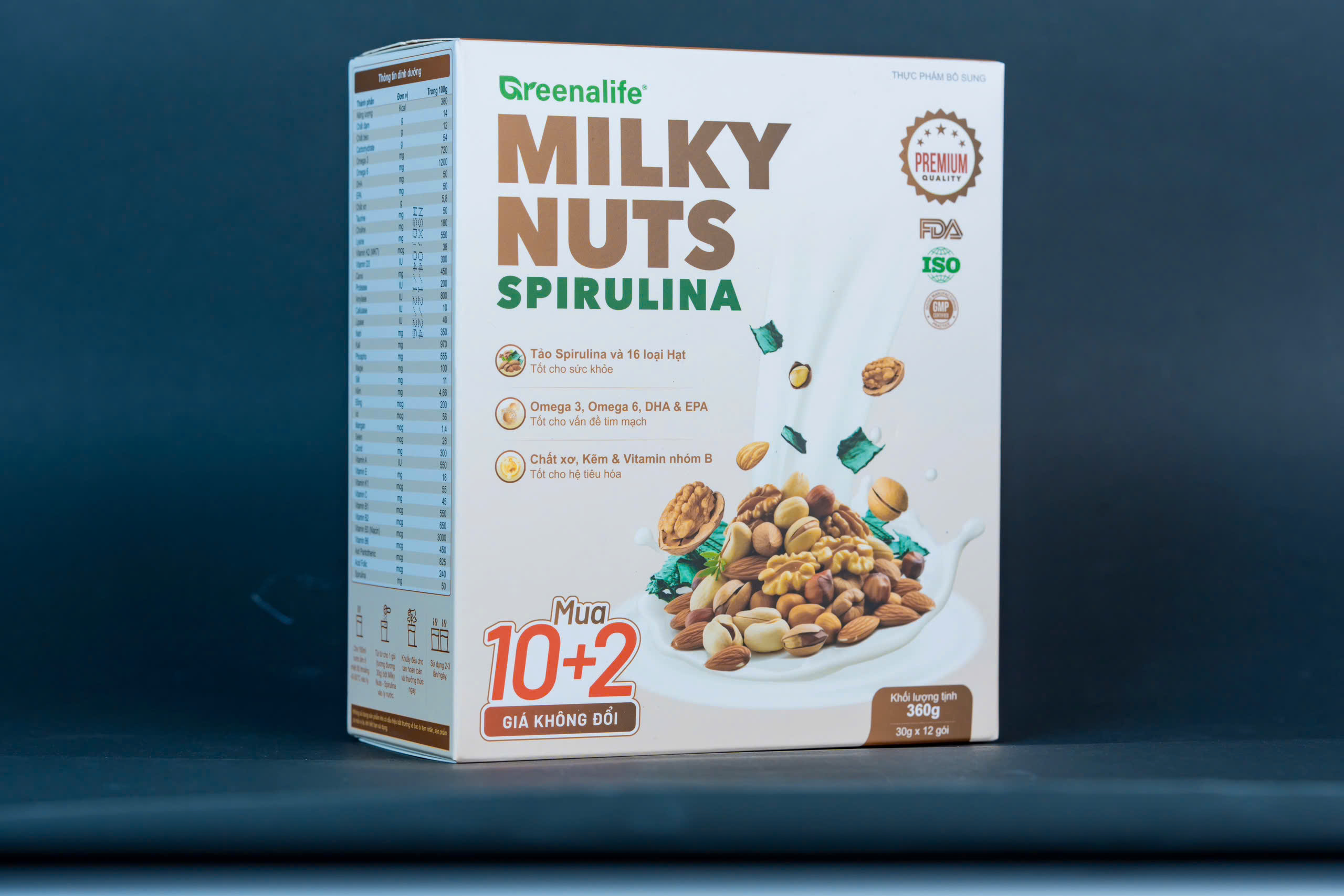 Sữa hạt dinh dưỡng Milky Nuts - Spirulina hộp Carton 12gx30gram - Greenalife